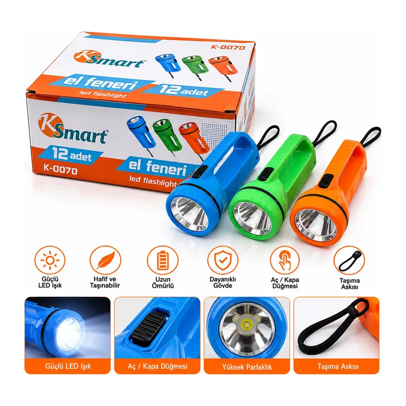 12 ADET LED EL FENERİ 2XAA PİLLİ RENKLİ PLASTİK K-0070 (5643)