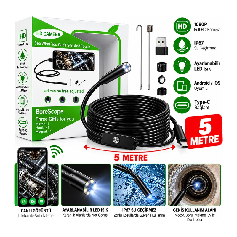 HD 5 METRE- SU GEÇİRMEZ YILAN KAMERA IP67 SERTİFİKALI LED IŞIKLI ANDROİD DESTEKLİ (5643)