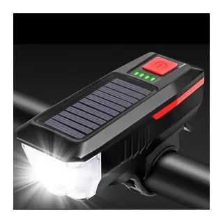 Solar Enerjili USB ile Şarj Edilebilir Ledli Bisiklet Feneri Kornalı ve Su Geçirmez Far (5643)