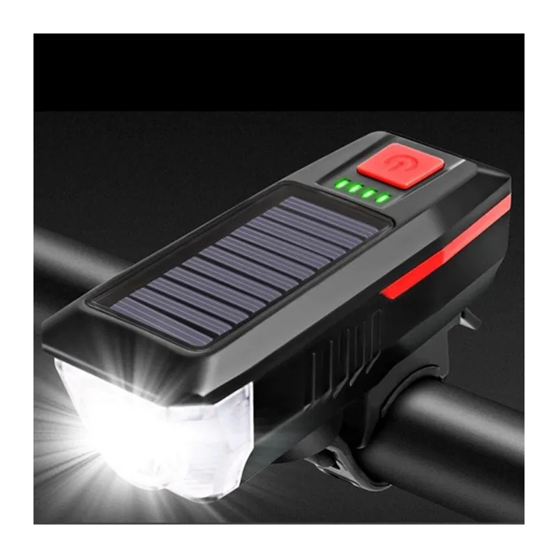 Solar Enerjili USB ile Şarj Edilebilir Ledli Bisiklet Feneri Kornalı ve Su Geçirmez Far (5643)