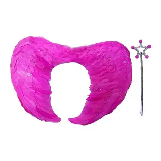 Gerçek Tüylü Katlanabilir Çocuk Pembe Melek Kanadı ve Asa Seti 40x55 cm (5643)