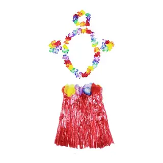 Luau Aloha Hawaii Kolye Etek Taç ve Bileklik Seti Kırmızı (5643)