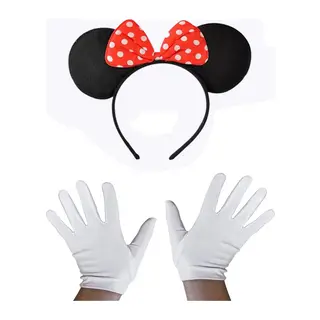 Kırmızı Fiyonklu Minnie Mouse Tacı ve Beyaz Eldiven Seti (5643)