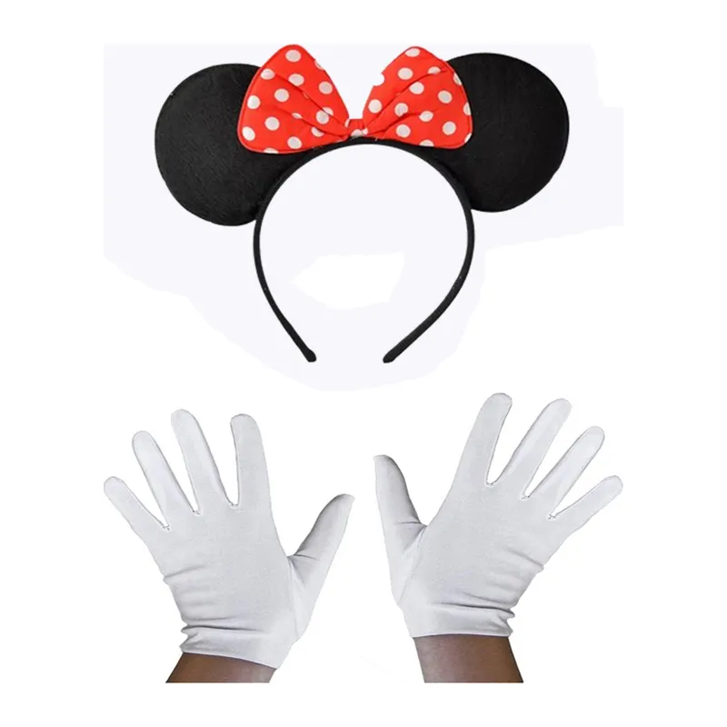 Kırmızı Fiyonklu Minnie Mouse Tacı ve Beyaz Eldiven Seti (5643)