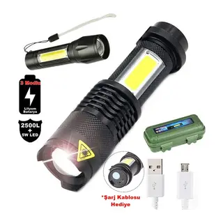 Su Geçirmez Şarjlı El Feneri 2500 Lumens + 5W COB LED USB Lion Şarjlı Ultra Güçlü Q5 XPE (5643)