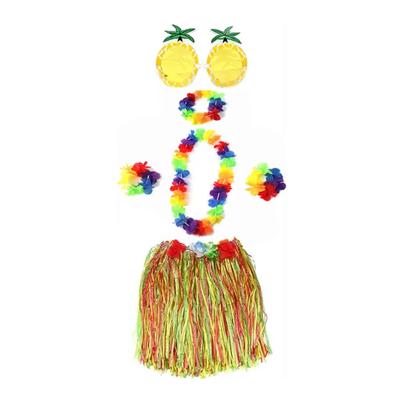 Yetişkin ve Çocuk Uyumlu Luau Aloha Hawaii Rengarenk 40 cm Etek Ananas Şekilli Gözlük Hawaii Kolye Renkli Taç ve 2 Adet Bileklik Seti (5643)