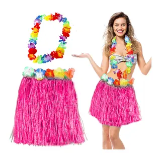 Hawaii Luau Aloha Pembe Püsküllü 40 cm Etek ve Hawaii Kolye Seti (5643)