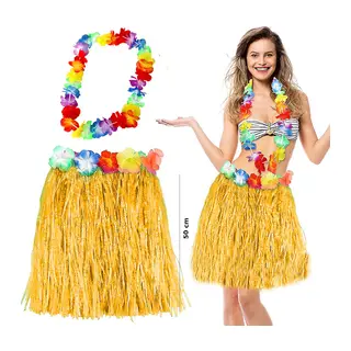 Hawaii Luau Aloha Sarı Püsküllü 50 cm Etek ve Hawaii Kolye Seti (5643)