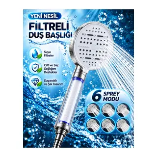 Modern Tasarımlı 6 Modlu Filtreli Duş Başlığı Büyük Panel Metalik Beyaz Duş Atı