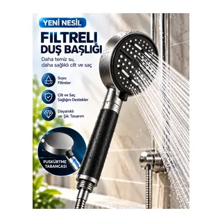 Modern Tasarımlı 6 Modlu Filtreli Duş Başlığı Büyük Panel Metalik Siyah Duş Atı