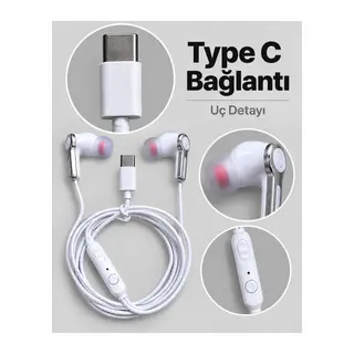 Kumandalı Ve Silikon Başlıklı Beyaz Type C Kablolu Kulaklık