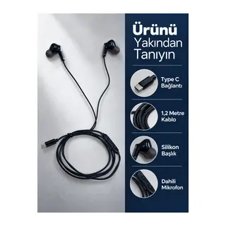 Dahili Mikrofonlu Type C Kablolu Kulaklık Siyah Gövde