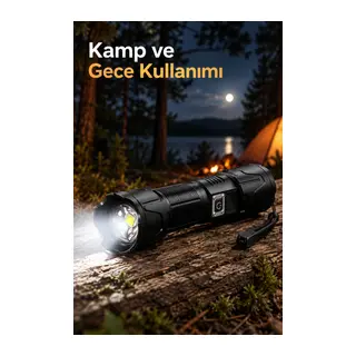 Type C Şarjlı Kamp Feneri Zoomlu Lens Ve Batarya Seviye Göstergesi