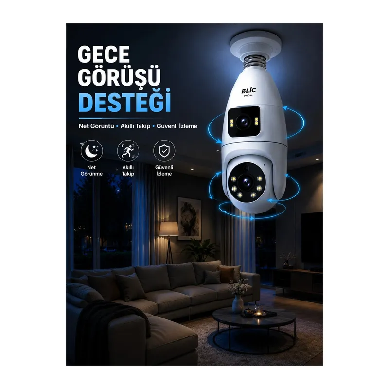 Gece Görüşlü Çift Lens Wi-fi Ampul Kamera Mobil Takip Destekli
