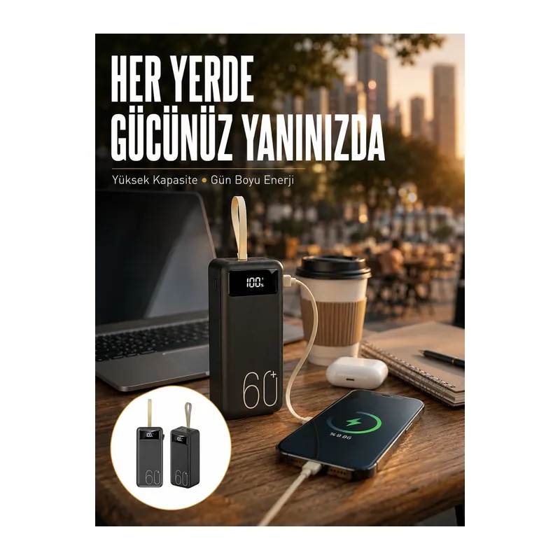 Powerbank 60.000 Mah Taşınabilir Şarj Hızlı El Fenerli Dijital Göstergeli Yeni Nesil