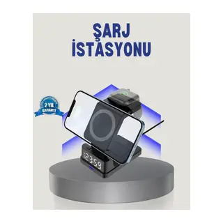 Kablosuz Şarj Cihazı Ve Dijital Saat 4’ü 1 Arada Hızlı Şarj, Led Işıklı Tasarım