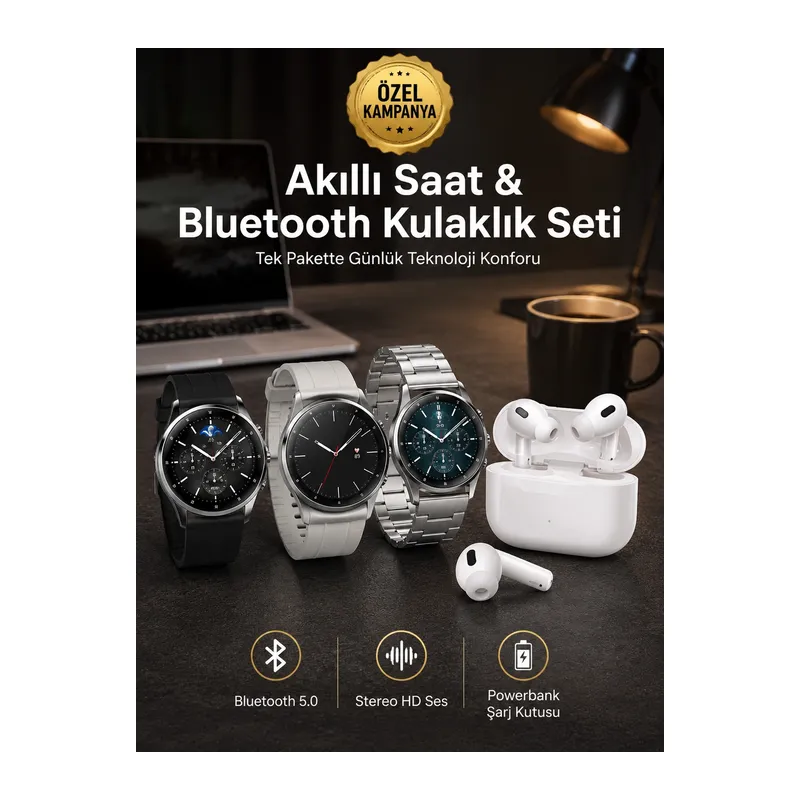 Aynalı Bluetooth Kulaklık Yeni Nesil Akıllı Saat Titreşimli Nabız Ölçer Spor Modları