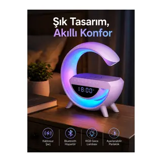 Bluetooth Hoparlör 15w Kablosuz Hızlı Şarj Led Gece Lambası