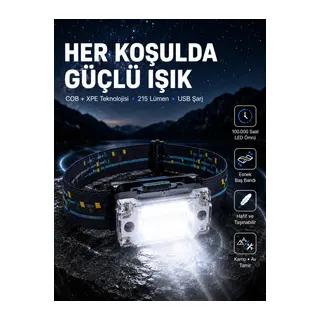 Usb Şarjlı Mini Led Kafa Feneri 50m Odak 150m Geniş Aydınlatma Yeni Nesil
