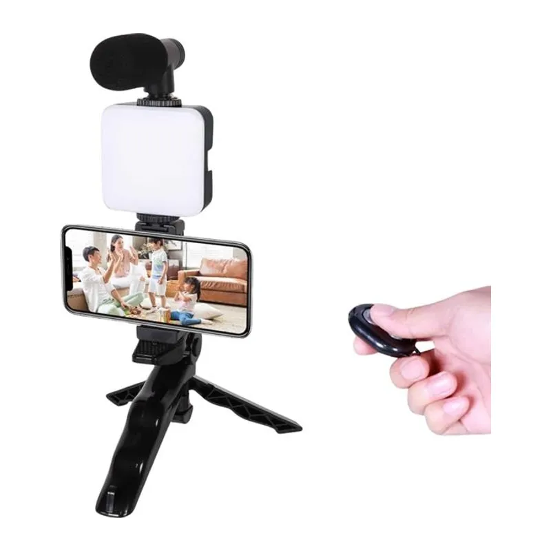 Telefon Tutucu Led Işıklı Kumandalı Mikrofon Telefon Vlog Video Kayıt