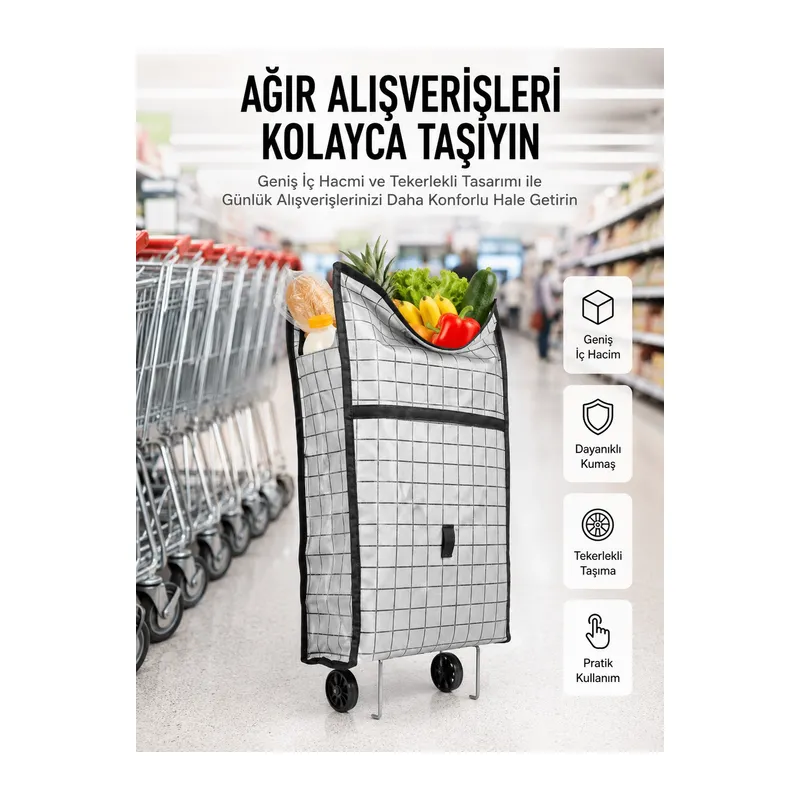 Geniş Hacimli Tekerlekli Pazar Çantası Dayanıklı Ve Ergonomik
