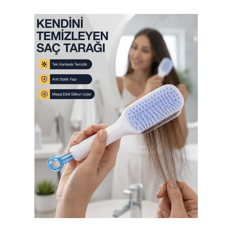 Kendini Temizleyen Ergonomik Saç Tarağı – Abs Gövde, Silikon Diş