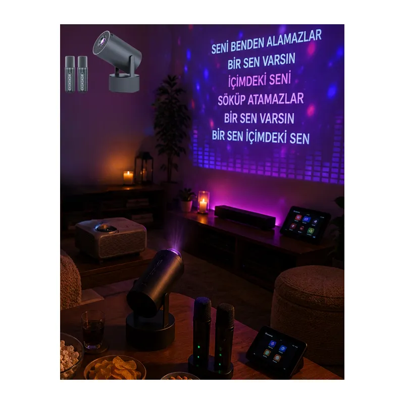 Bluetooth Hoparlörlü Akıllı Projektör Kablosuz Karaoke Mikrofonlu