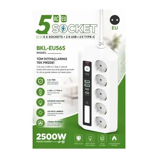 5’li Akım Korumalı Priz 2500w | 2 Usb + 2 Type-c Hızlı Şarj | Led Gece Lambalı | Dokunmatik Beyaz