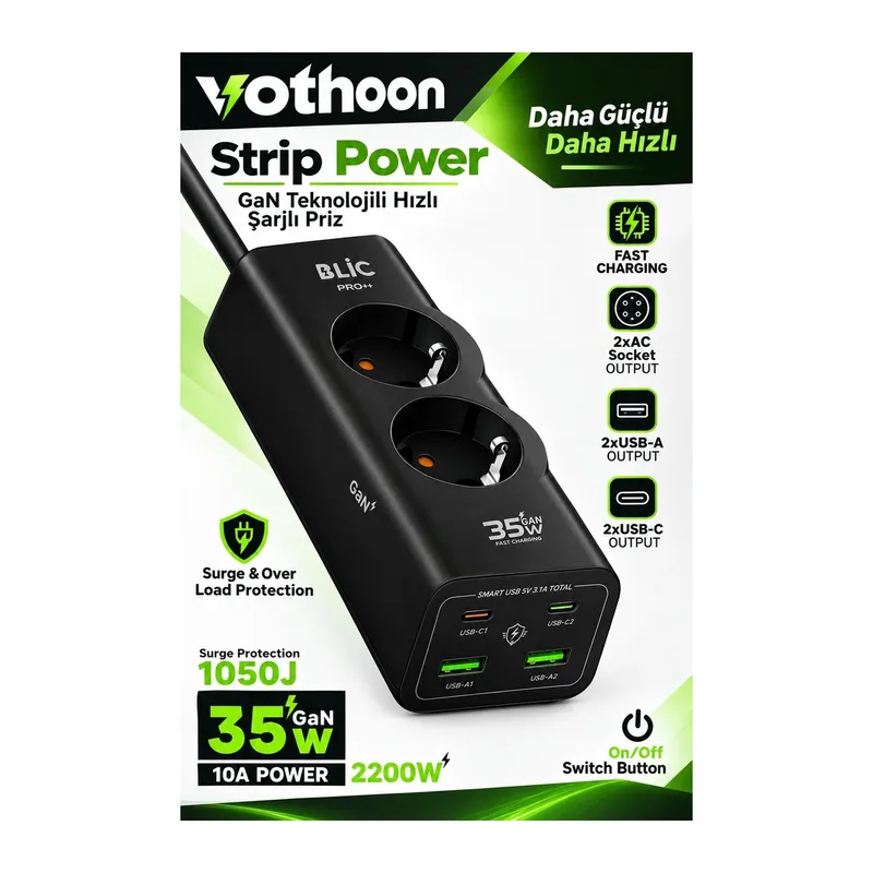 Akım Korumalı Priz 2 Ac Soket 2 Usb-a 2 Usb-c 35w Hızlı Şarj 1050j Koruma 2 Mt Kablo 2200w