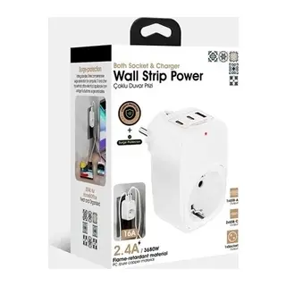 Tekli Yüksek Voltaj Korumalı Duvar Prizi 2x Type-c 1x Usb Çıkışlı Priz Grup Priz Çoğaltıcı Beyaz