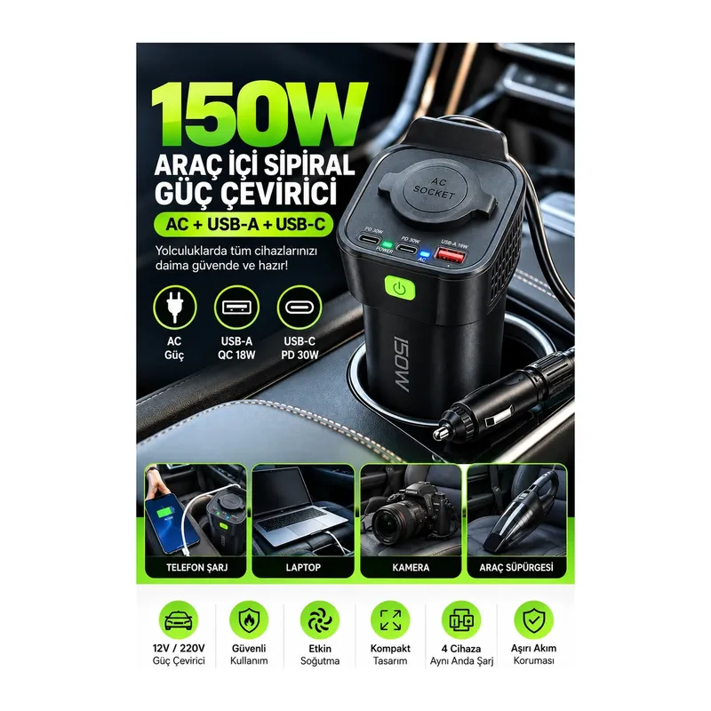 150w Araç İçi Şarj Adaptörü 12v 220v Çakmaklık Girişli 30w Type-c 18w Usb Hızlı Şarj