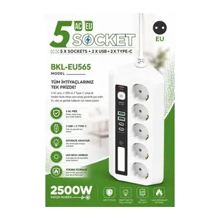 5’li Akım Korumalı Priz 2500w | 2 Usb + 2 Type-c Hızlı Şarj | Led Gece Lambalı | Dokunmatik Beyaz