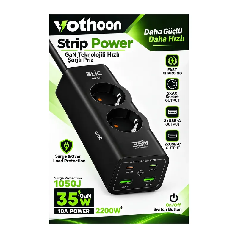 Akım Korumalı Priz 2 Ac Soket 2 Usb-a 2 Usb-c 35w Hızlı Şarj 1050j Koruma 2 Mt Kablo 2200w