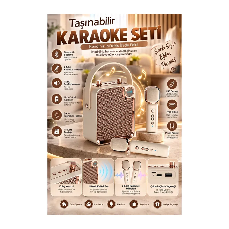 Bluetooth Karaoke Hoparlör 2 Mikrofonlu Taşınabilir Şarjlı Müzik Seti Ses Değiştirme Özl