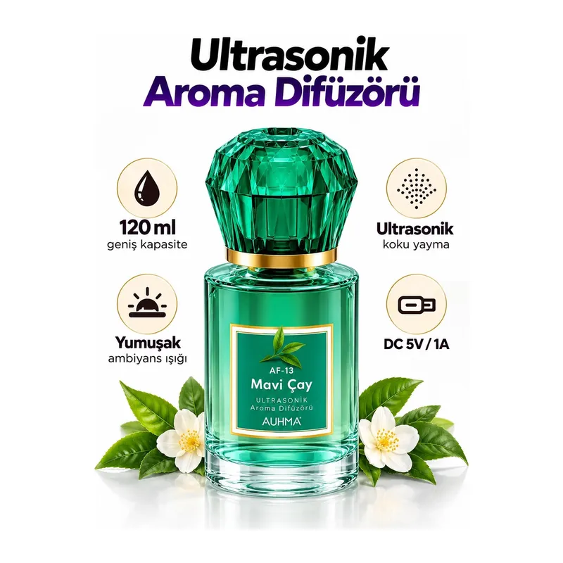 Ultrasonik Aroma Difüzörü 120 Ml Mavi Çay Kokulu Led Işıklı Araç Ve Oda Kokusu