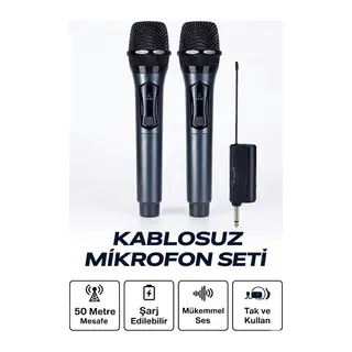 Profesyonel Çiftli Kablosuz Mikrofon Seti Karaoke Şarj Edilebilir 50 Metre