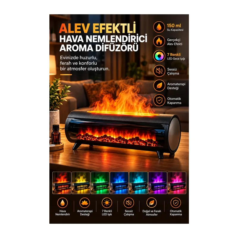 Şömine Görünümlü Hava Nemlendirici 150 Ml 7 Renk Led Işıklı Ultrasonik Hava Nemlendirici Siyah