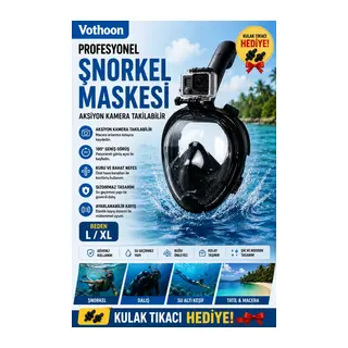 Profesyonel Tam Yüz Şnorkel Maskesi Dalış Maskesi Kulak Tıkacı Hedıye L/xl Siyah
