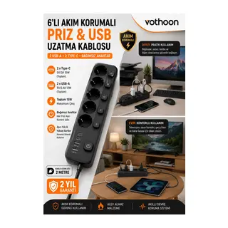Akım Korumalı 5’li Priz 2xusb 2xtype-c Çıkış Akım Koruma Çoklu Priz Çoğaltıcı Anahtarlı Ftr-31 Siyah