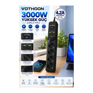 4’lü Akım Korumalı Çoklu Priz 4 Type-c 2 Usb Girişli 4.2a Hızlı Şarj Destekli Priz 3000w