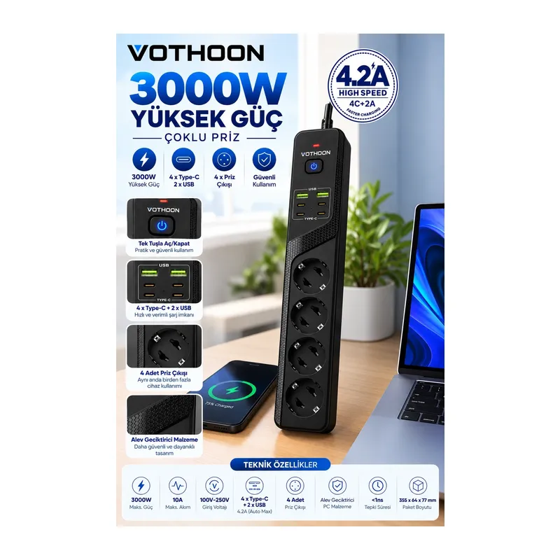 4’lü Akım Korumalı Çoklu Priz 4 Type-c 2 Usb Girişli 4.2a Hızlı Şarj Destekli Priz 3000w