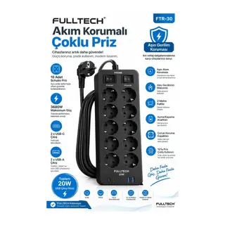 Akım Korumalı 10’lu Çoklu Priz 3680w 20w Hızlı Şarj 2 Usb-c 2 Usb-a 2 Metre Kablolu Ftr-30