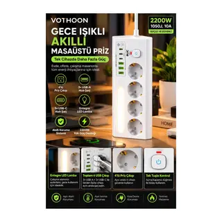 Çoklu Gece Lambalı Üçgen Priz Akım Korumalı 4’lü Priz 3xusb 3xtype-c Çıkışlı Grup Priz Beyaz