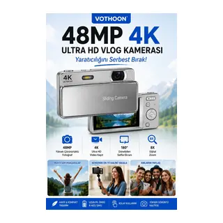 Dijital Kamera 4k Hd 48mp 16x Zoom Flaşlı Kayar Retro Video Kamera 2.8’’ Ekran 64gb Sd Kart Hediyeli Gümüş