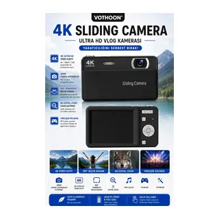 Dijital Kamera 4k Hd 48mp 16x Zoom Flaşlı Kayar Retro Video Kamera 2.8’’ Ekran 64gb Sd Kart Hediyeli Siyah
