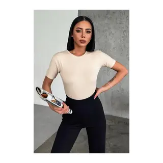 Rahat Ve Şık Kısa Kollu Bisiklet Yaka Likralı Viskon Penye Body Bej - Bej / S