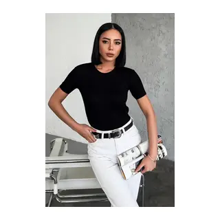 Rahat Ve Şık Kısa Kollu Bisiklet Yaka Likralı Viskon Penye Body Siyah - Siyah / S