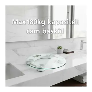 Yuvarlak Şeffaf Dijital Cam Baskül Tartı – 180 Kg Taşıma Kapasitesi, Hassas Ölçüm, Şık Tasarım Terazi