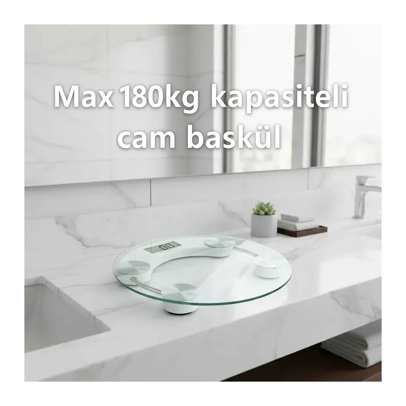 Yuvarlak Şeffaf Dijital Cam Baskül Tartı – 180 Kg Taşıma Kapasitesi, Hassas Ölçüm, Şık Tasarım Terazi