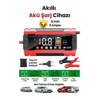 12v 8a Akıllı Akü Şarj Cihazı 12v 8a Lcd Ekranlı Pulse Repair Otomatik Akü Şarj & Desülfatör